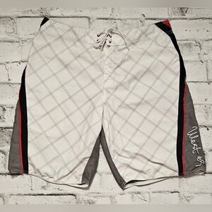 West 49 White, Grey, and Red Plaid Board Shorts